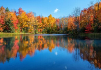 Obraz premium A serene lake reflecting the brilliant fall colors of surrounding trees