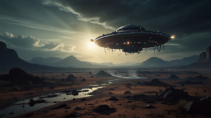A mysterious illustration of a UFO crash site, featuring a damaged spacecraft and scattered debris in a remote alien landscape, with space for text.