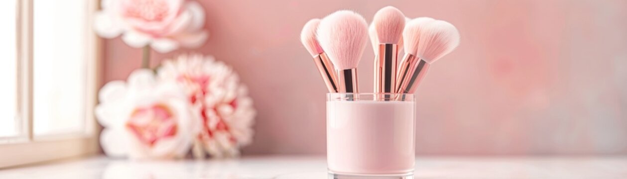 A set of pastelcolored makeup brushes in a glass holder, arranged on a vanity with flowers and cosmetics, hyperrealistic, soft morning light, serene and clean look