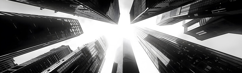 Fototapeta premium Stunning black and white architectural photography featuring high-rise buildings set against an upward-looking city skyline, perfect for art and wallpaper