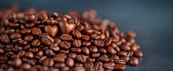 Fototapeta premium Coffee Beans Make Pictures Of Hearts On A Dark Background, Creating A Valentine'S Day Concept
