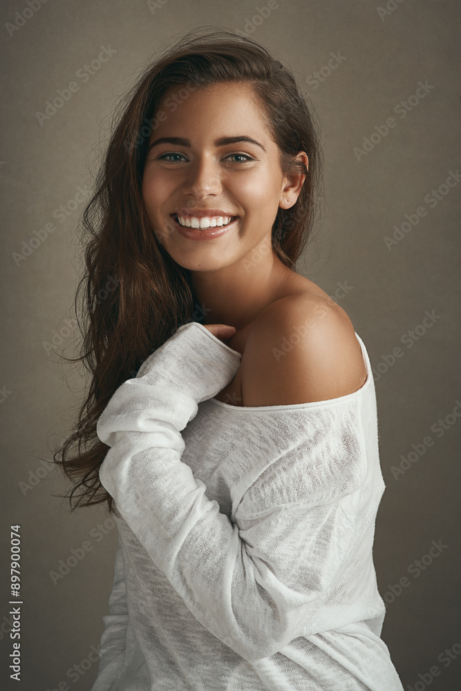 Poster Portrait, stylish and woman with fashion, smile and confidence on studio background. Face, person and girl in casual outfit, pride or comfortable with happiness, cheerful and joyful with beauty