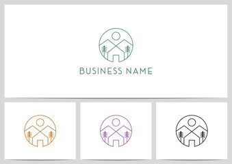 Home Under Mountains Between Pine Trees Logo Design