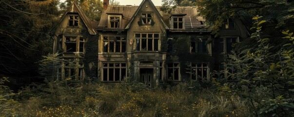 Abandoned mansion with overgrown gardens, broken windows, and eerie silence, haunted vibe