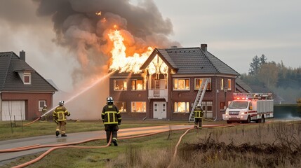 Naklejka premium Raging House Fire in Suburban Neighborhood with Firefighters Battling Flames