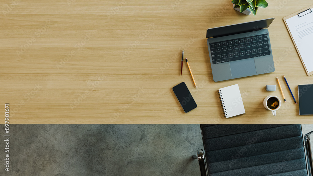 Poster workspace office desk topview backgrounds. 3d rendering