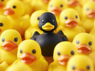 Black rubber duck among yellow rubber ducks, unique and standing out, symbolizing individuality and diversity