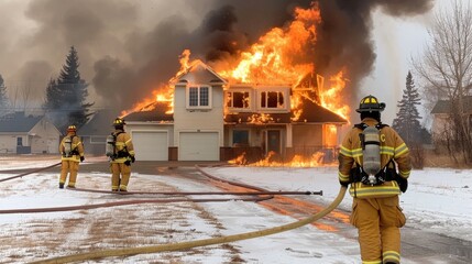 Residential House Engulfed in Flames with Firefighters Battling the Blaze