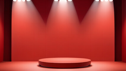 Red pedestal of platform display Stand podium on red room background