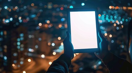Person holding tablet over city lights at night.