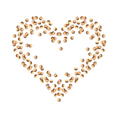 Confetti gold, heart frame. Watercolor illustration. Abstract glowing dot background. Scattered glitter round shape. For New Year card design, Valentine's day, invitation template. Sparkling border