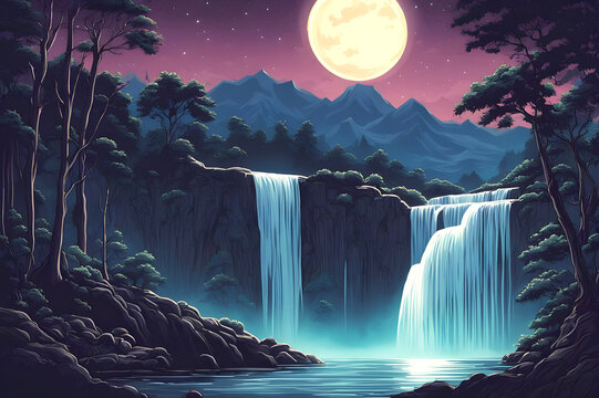 captivating illustration on the falls in front of a full moon falls surrounded by a lush forest ai generated
