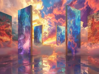 Enchanted portal flanked by vibrant, luminous panels, with dramatic clouds overhead, evoking a fantastical and mystical atmosphere