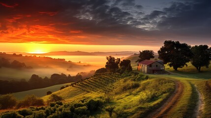 Obraz premium farm sunrise over house