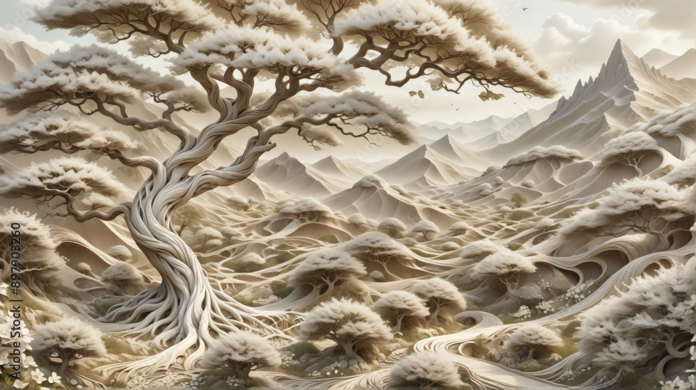 Poster 3d rendering landscape large tree center is made up multiple fol