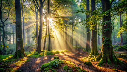 Dappled sunlight filters through dense foliage, illuminating the misty atmosphere and casting intricate shadows on the forest floor, creating an enchanting natural ambiance.