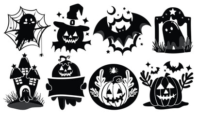 Obraz premium Set of isolated Halloween decoration elements for sticker, badge, tag or label in cute graphic illustration on transparent background, Volume 9: Black silhouette style.