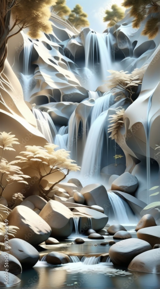 Poster digital art piece that appears to be 3d rendering waterfall intr