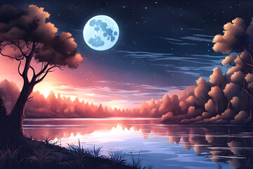 captivating illustration on the river in front of a full moon ai generated