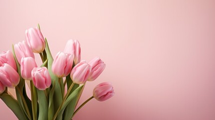Naklejka premium A beautiful arrangement of fresh tulip blossoms in shades of pink set on a gentle pastel pink background.