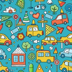 Seamless pattern of cartoon-style traffic signs and vehicles, Generative AI