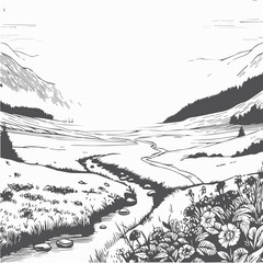 Obraz premium a black and white drawing of a road in a field with flowers.