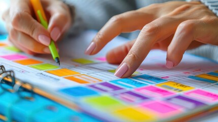 Fototapeta premium Closeup of hands using a planner with colored tabs, individual organizing tasks, photorealistic, meticulous management