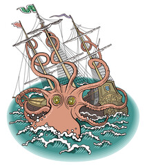 巨大なタコに襲われる帆船 © freehand