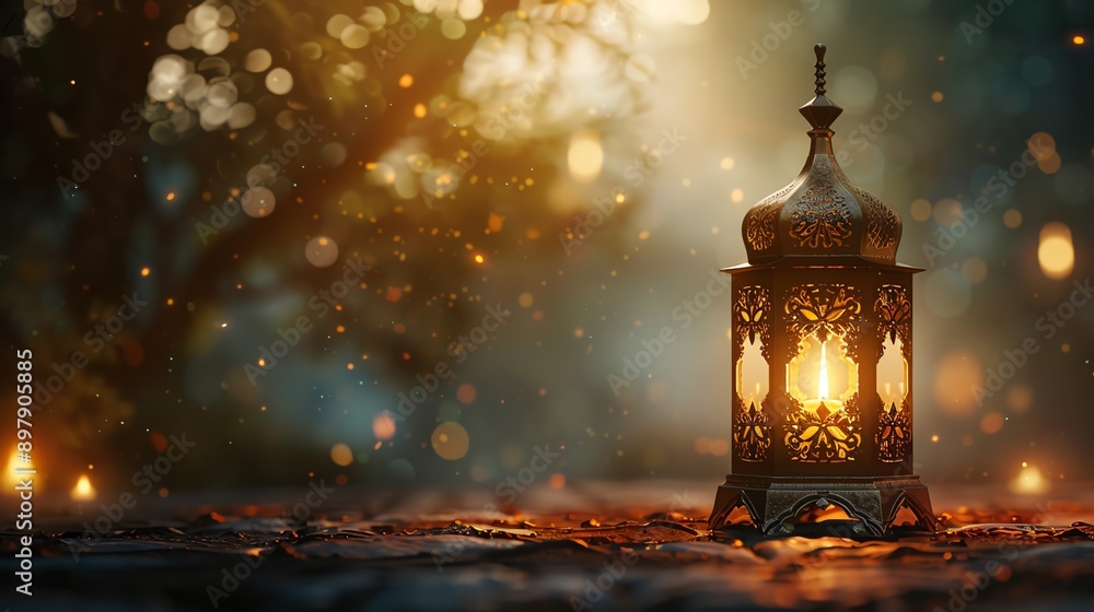 Aufkleber illuminated ramadan lantern with bokeh background.