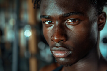 Obraz premium Intense Close Up Portrait of Focused Young Man in Gym Setting