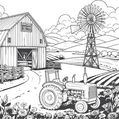 a drawing of a farm with a windmill in the background.