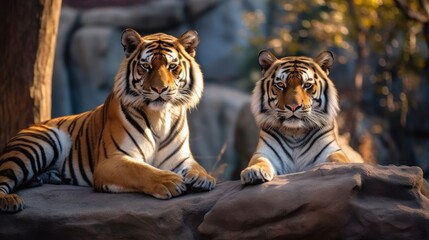 Fototapeta premium Two Majestic Tigers Resting on a Rock