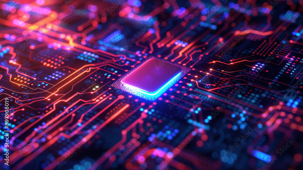 Poster detailed view of a glowing microchip on a high-tech circuit board, highlighting advanced technology.
