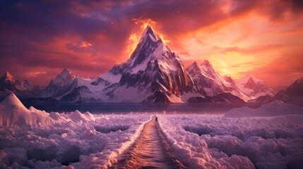 Naklejka premium Snowy Mountain Landscape with a Path Leading to a Majestic Peak