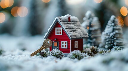 Fototapeta premium Red house with key in snowy forest.