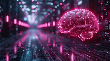 Neon data streams flowing between AI brain interfaces dark cyberpunk style 3D render illustrating AI data exchange