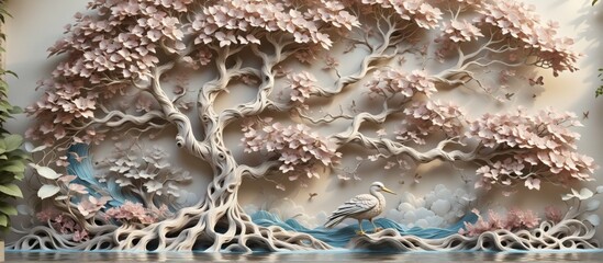 Relief sculpture tree multiple branches leaves is center image b