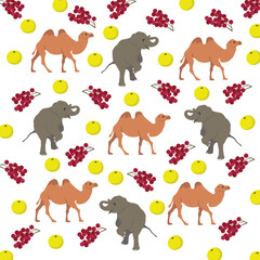 cute camel, elephant with fruit as a pattern background