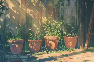 painting flower pots in a peaceful garden, cozy vibe, Generative AI