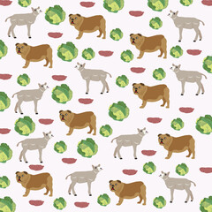 cute dog, sheep with cabbage as a pattern background