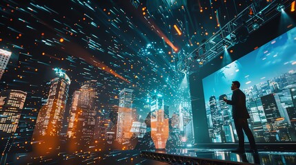 Futuristic Tech Conference: CEO's Visionary Speech Against Stunning Cityscape Backdrop - Generative AI