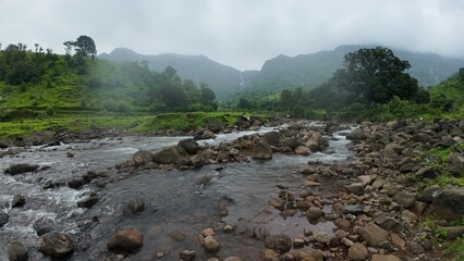 Stream flowing over small rocks with Shayadri hill in background, lush greenery during monsoon. © sumit