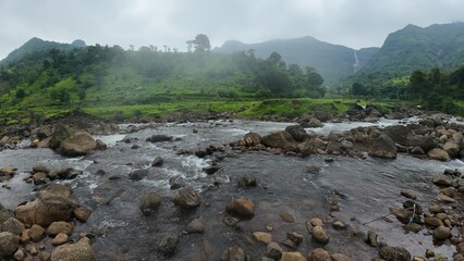 Stream flowing over small rocks with Shayadri hill in background, lush greenery during monsoon. © sumit
