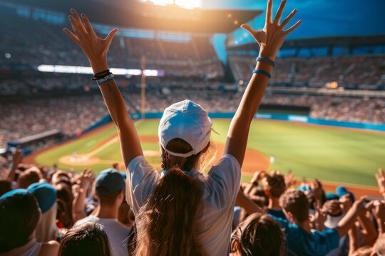 Woman cheering at a baseball game.