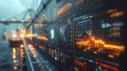 Futuristic digital display with data and graphs.