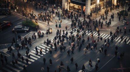 Anonymous crowd navigating through a busy downtown intersection, captured from a high angle to emphasize the urban hustle and bustle