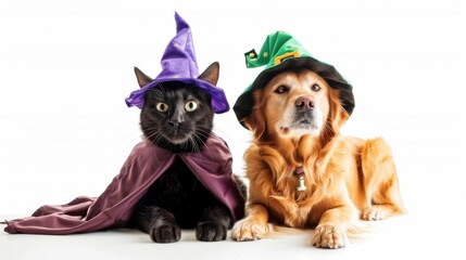 Fototapeta premium Adorable cat and dog dressed in wizard costumes, featuring purple and green hats with cloaks, perfect for Halloween or costume parties.