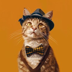 Adorable cat dressed in stylish attire, featuring a hat and bow tie, set against a vibrant orange backdrop. Perfect for creative projects.