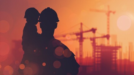 Silhouette of a construction worker holding a child with cranes in the background at sunset, symbolizing family and hard work.