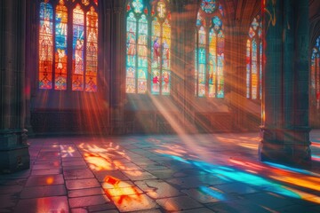 Ethereal light beams filter through the intricate stained glass windows of a Gothic cathedral, illuminating dust motes and casting colorful patterns on the stone floor.






